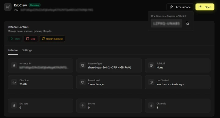 KiloClaw dashboard KiloClaw dashboard with basic controls